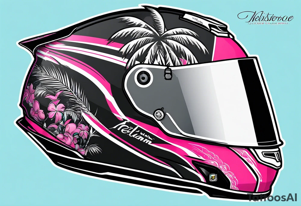 Formula 1 helment with the Miami name a palm tree and light blue black and pink colors tattoo idea