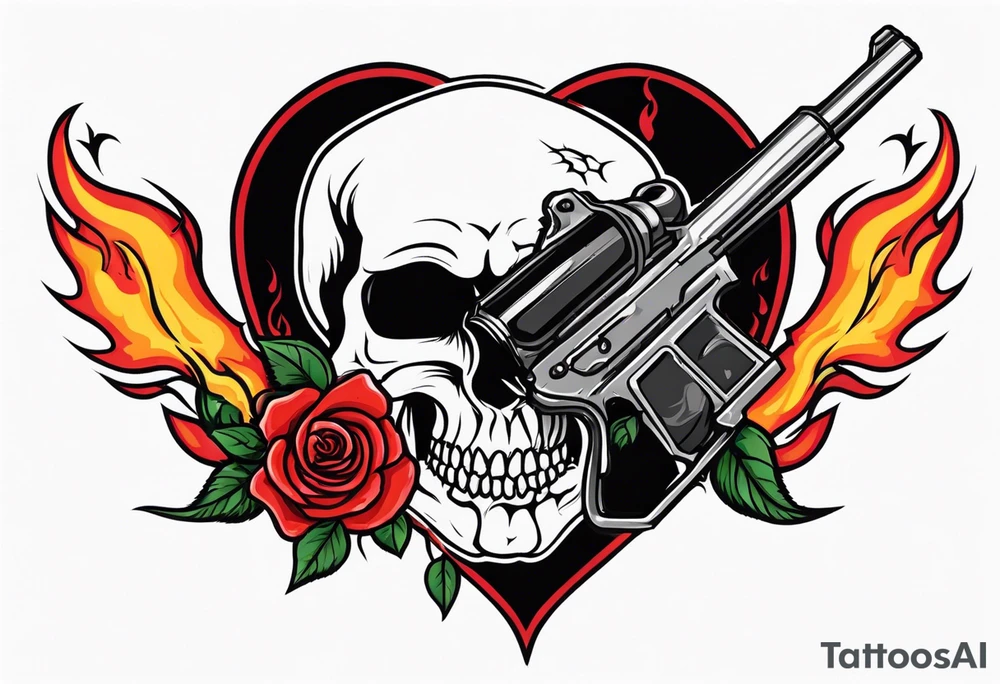 skull with a gun a  rose and an dominated by a  heart with  flames coming out of the top of it tattoo idea
