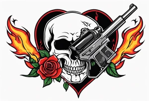 skull with a gun a  rose and an dominated by a  heart with  flames coming out of the top of it tattoo idea