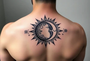 celestial sun and moon embrace with constellation patterns tattoo idea