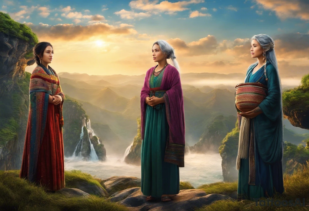 3 female people standing next to each other. The one on the left is a young girl, the one in the middle is a mature woman, the one on the right is a very old woman. They are looking forward.
There are 3 weavers. They symbolize the moirs, old goddesses of destiny. tattoo idea