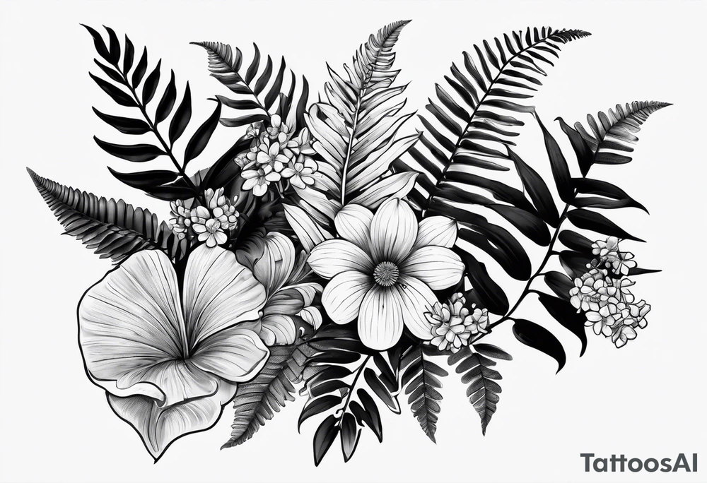 Fern leaf and flower tattoo idea