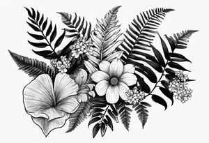 Fern leaf and flower tattoo idea
