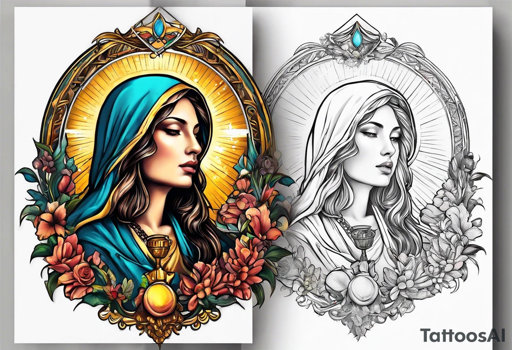 holy saint woman turned away with golden halo holding a chalice tattoo idea