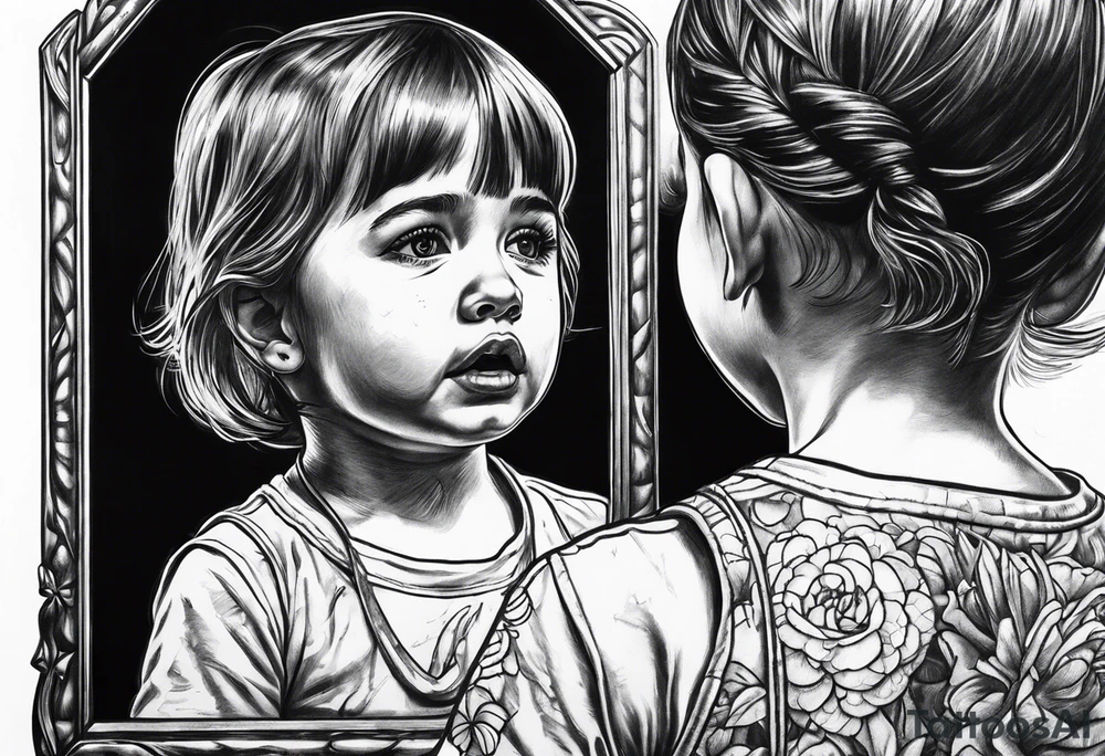Little girl crying in the mirror with older self reflection tattoo idea