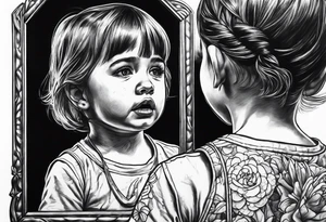 Little girl crying in the mirror with older self reflection tattoo idea
