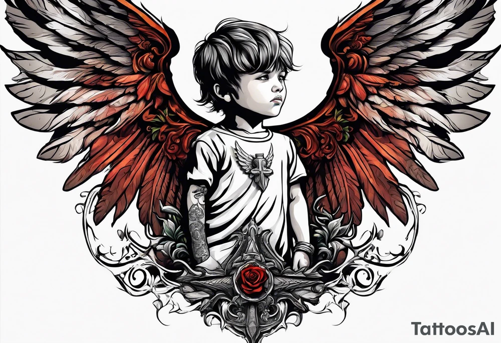 Kid looking up at the angel of death tattoo idea