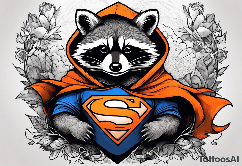 Raccoon wearing an orange Superman hoodie tattoo idea