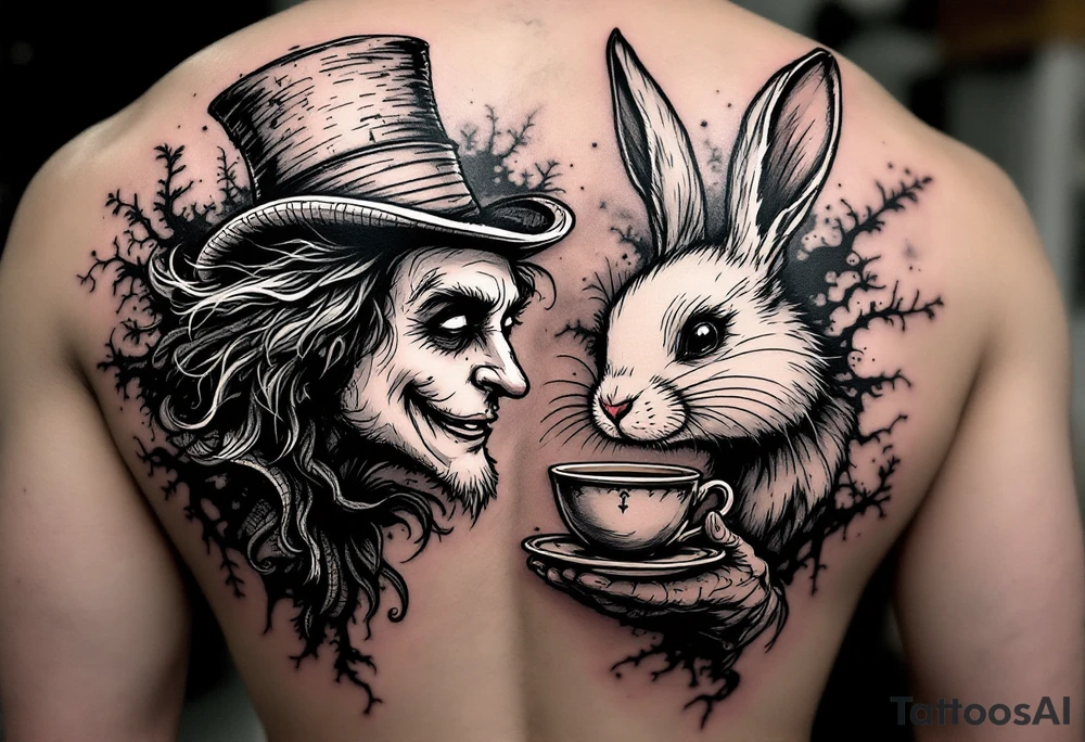 The mad hatter pouring a cup of 
tea into the white rabbits head tattoo idea