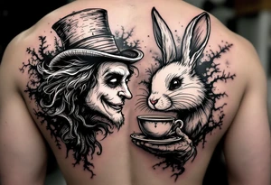 The mad hatter pouring a cup of 
tea into the white rabbits head tattoo idea