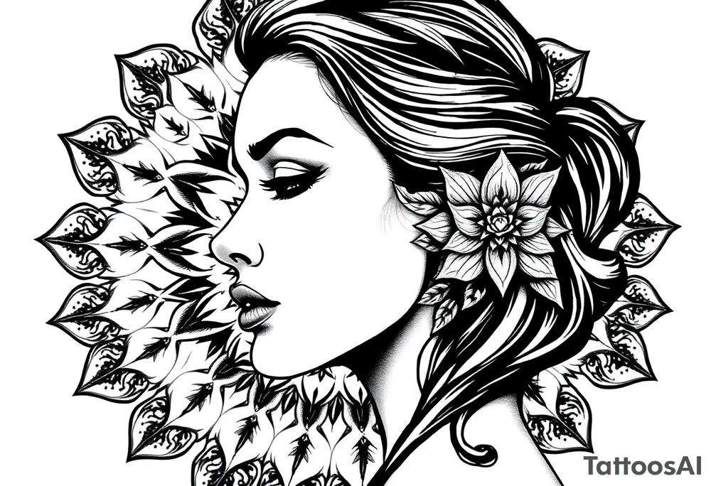 Powerful side profile woman’s face with mandala background tattoo idea