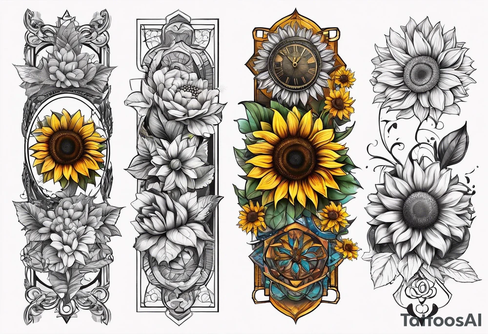 Arm sleeve Foral sunflower and roman numeral tattoo idea