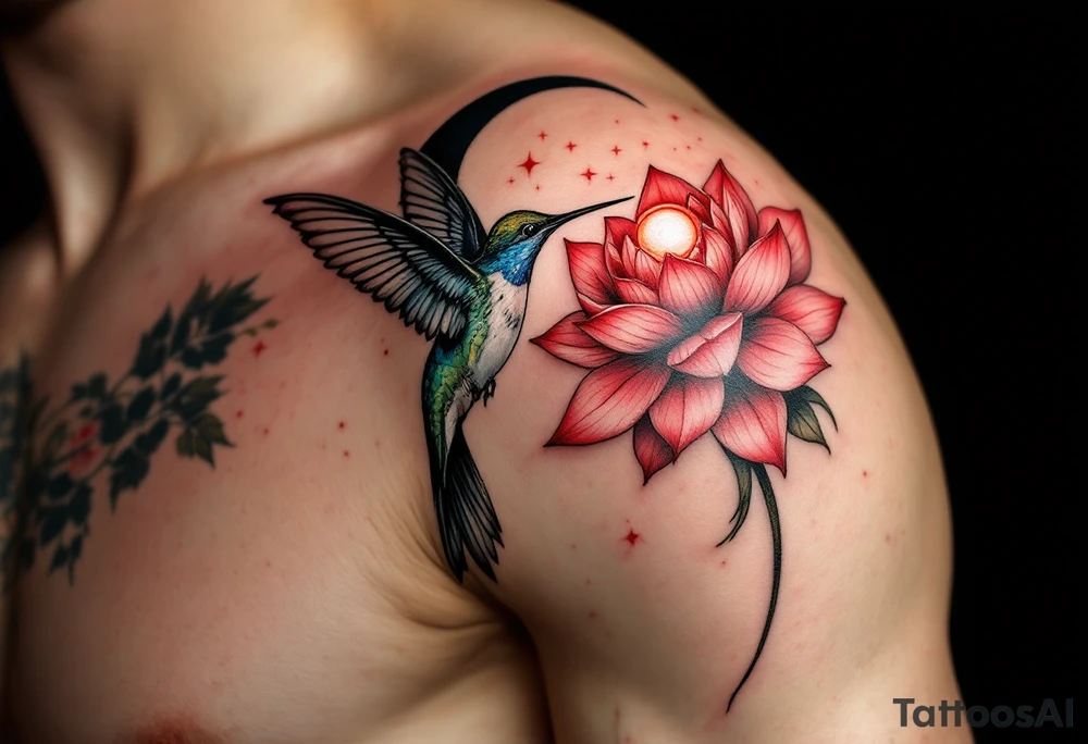 A hummingbird drinking from a lotus flower with one wing made of light (sun disc) and the other made of shadow (crescent moon) (red and black only) tattoo idea