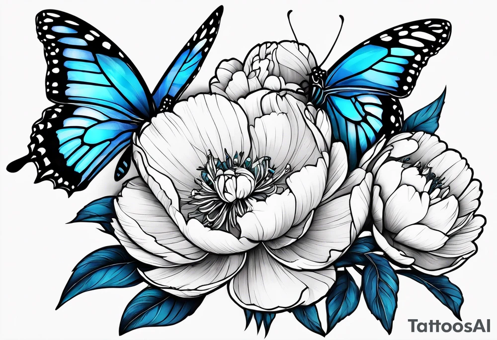 Peony with blue monarch butterflies tattoo idea