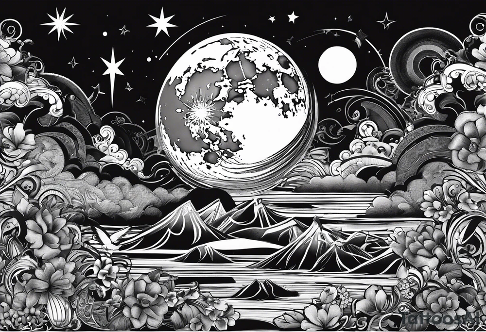Collage for full left arm sleeve with:
2 stars, 
1 quarter moon, 
a bass guitar, 
a caduceus symbol tattoo idea