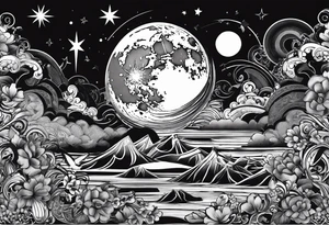 Collage for full left arm sleeve with:
2 stars, 
1 quarter moon, 
a bass guitar, 
a caduceus symbol tattoo idea
