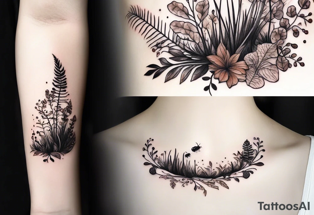 minimalistic forest floor inspired tattoo, which includes grass, moss, curly ferns and dead leaves as the bulk of the tattoo. details to include: forest berries, couple of very small brown mushrooms, a tiny bumblebee flying nearby tattoo idea