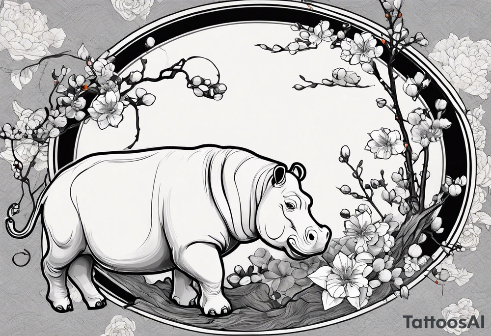 Asymmetrical, geometric, chinese ink art touch, hippo , full moon, wintersweet flower, light , modify from my favourite, ratio 9:16 tattoo idea