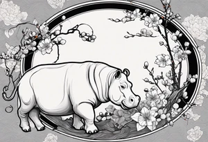 Asymmetrical, geometric, chinese ink art touch, hippo , full moon, wintersweet flower, light , modify from my favourite, ratio 9:16 tattoo idea
