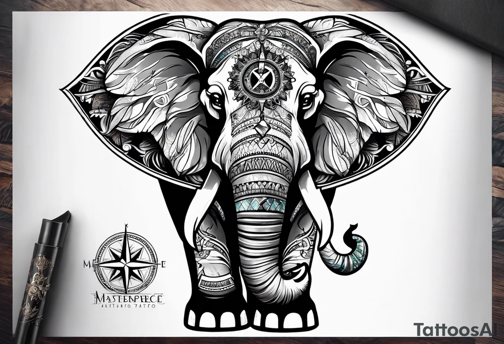 Feminine compass, elephant holding it tattoo idea