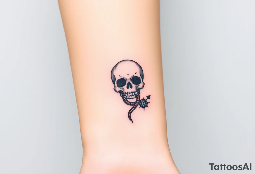 Skull with a snake going through its eyes or mouth include a clock and prickly vines tattoo idea