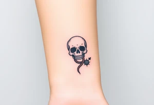 Skull with a snake going through its eyes or mouth include a clock and prickly vines tattoo idea