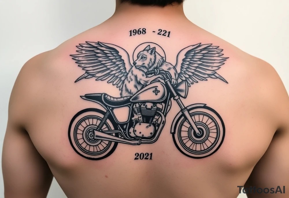 the year 1958 - 2021 with a motorcycle on it with guardian angel wolves tattoo idea