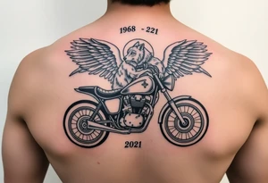 the year 1958 - 2021 with a motorcycle on it with guardian angel wolves tattoo idea