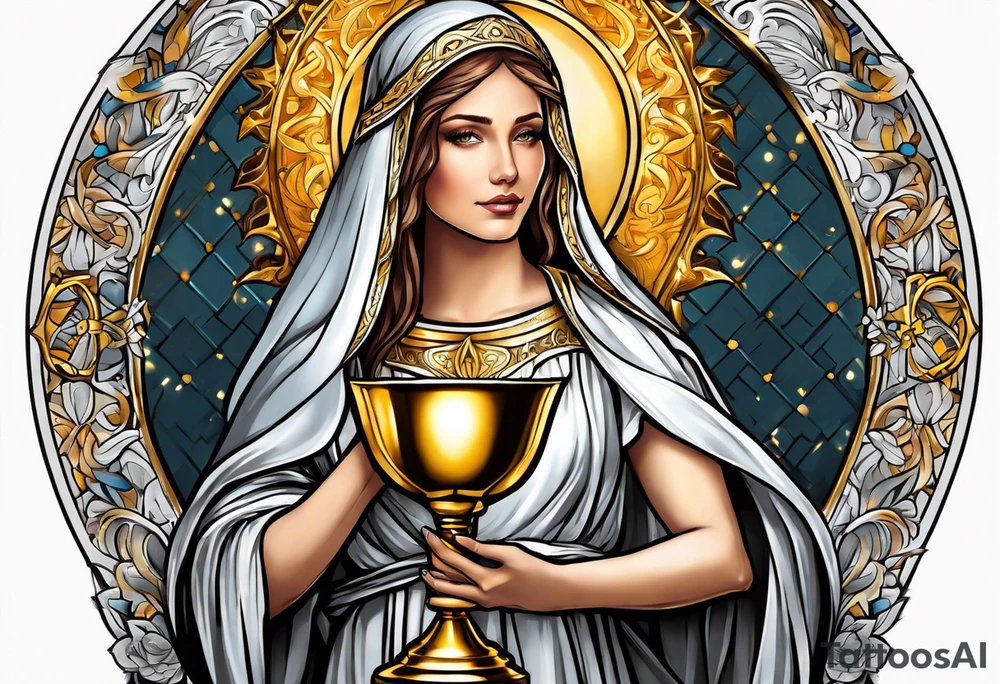 woman saint holding chalice surrounded by golden halo portrait tattoo idea