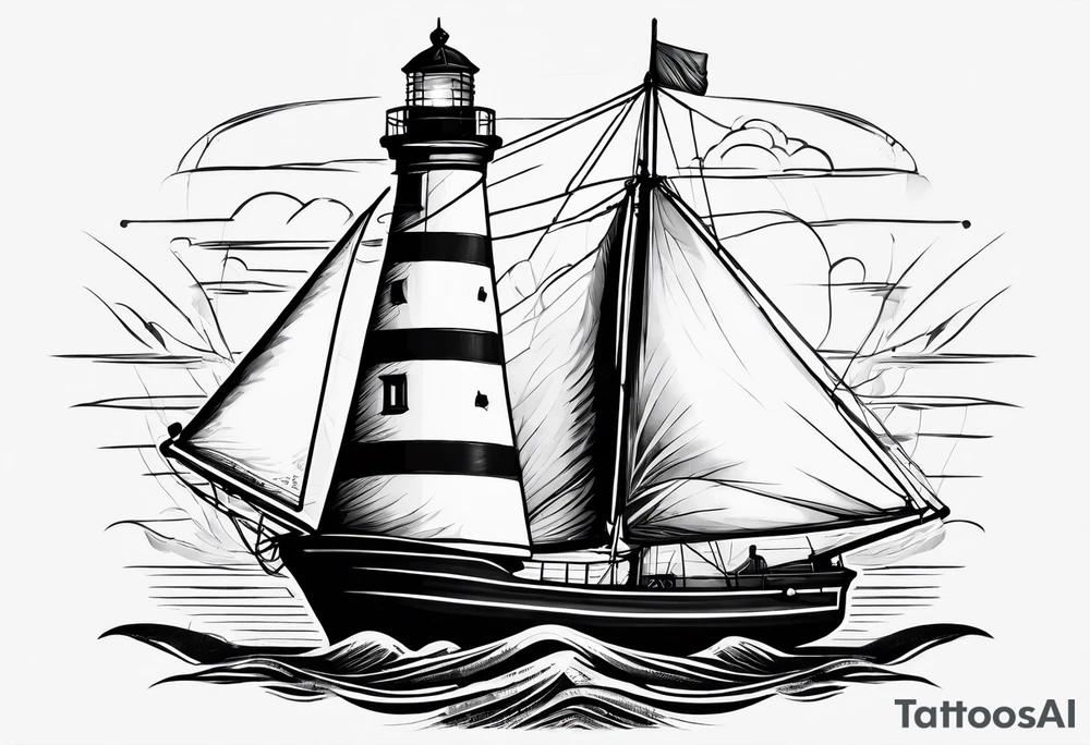 maritime lighthouse in a front view sailboat serving as a mast for a sail. tattoo idea