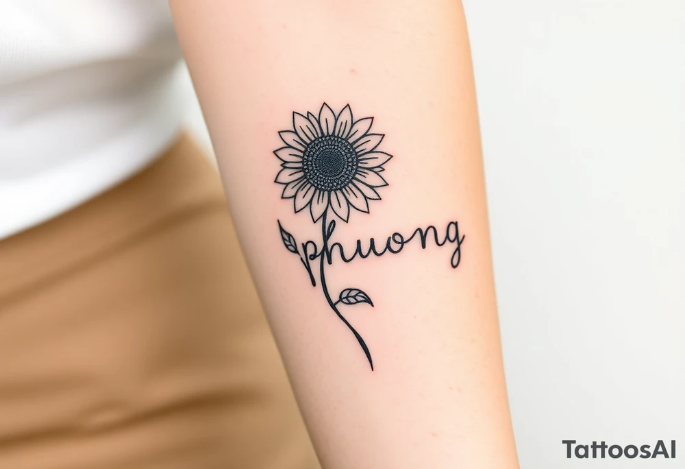 Word "PHUONG" written vertical with the sunflower. tattoo idea