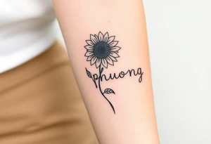 Word "PHUONG" written vertical with the sunflower. tattoo idea