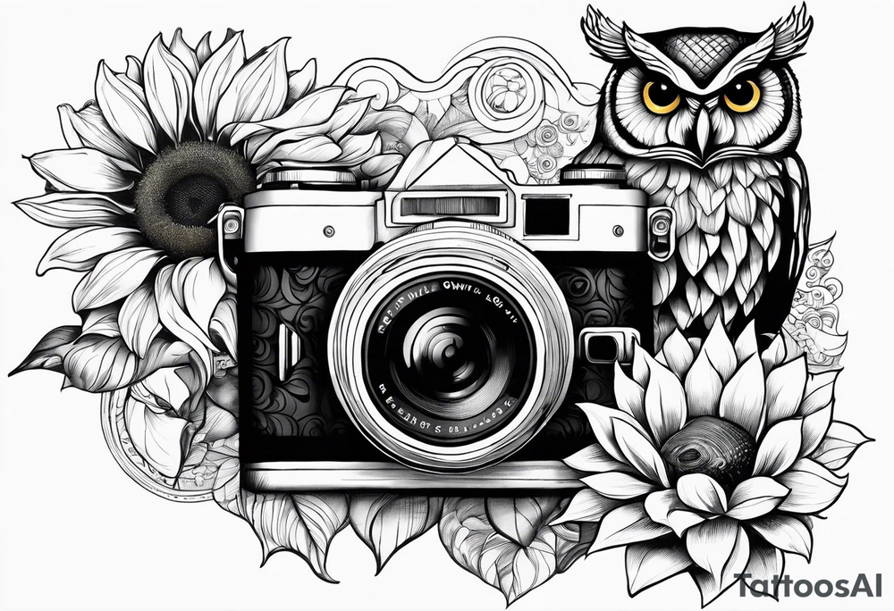 sunflower, camera, water wave, owl, book tattoo idea