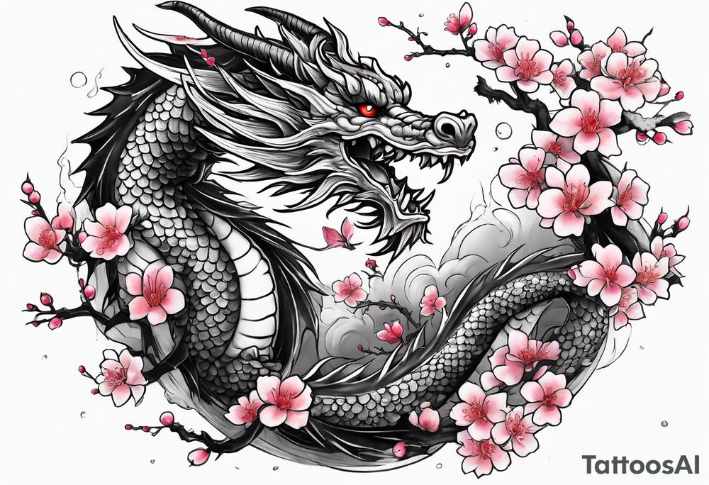 dragon with  cherry blossoms  and soot sprites tattoo idea