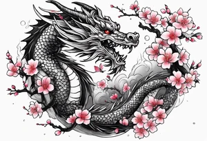 dragon with  cherry blossoms  and soot sprites tattoo idea