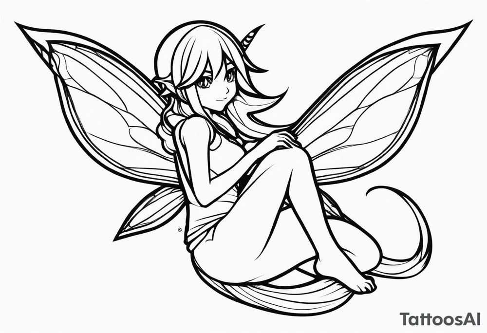 No color sketch of a fairy with a tail inspired by the guild symbol in the anime show called Fairy Tail in a fetal position leaning in and forward while crawled in tattoo idea