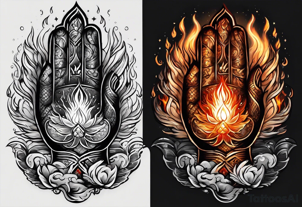 Enhance the traditional praying hands motif by adding elements like flames, water, or celestial bodies to represent the divine presence tattoo idea