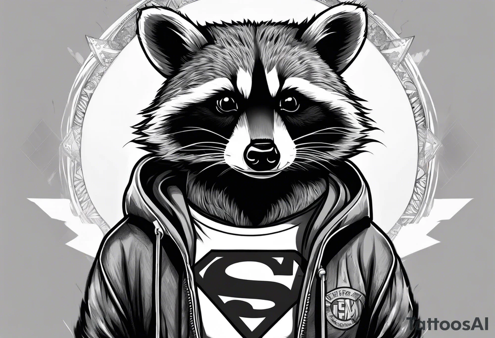 raccoon wearing a Superman hoodie tattoo idea