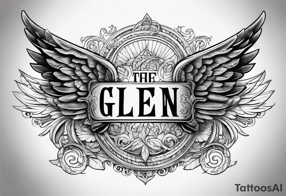 The word Glenn on a banner with angel Wings tattoo idea