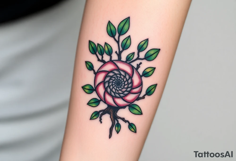 Fibonacci spiral shell inside of tree full of leaves tattoo idea