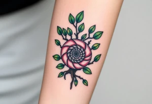 Fibonacci spiral shell inside of tree full of leaves tattoo idea