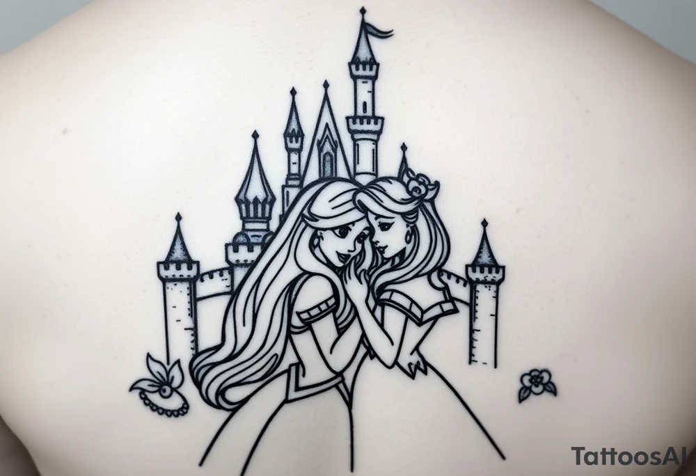 Disney princesses ariel and bell, hugging inn front of disney castle, black and white realism,castle can be outlined no need for details. tattoo idea