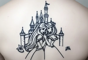 Disney princesses ariel and bell, hugging inn front of disney castle, black and white realism,castle can be outlined no need for details. tattoo idea