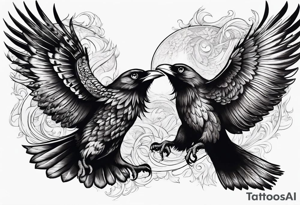 Pheonix and raven fighting with owl flying in at them tattoo idea