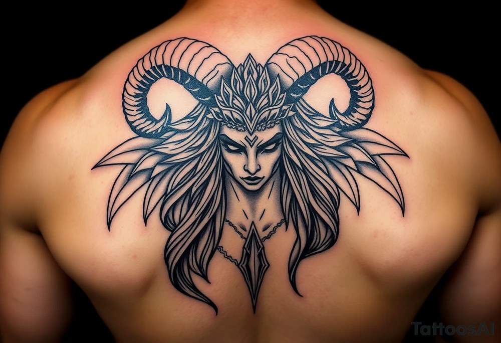 Powerful goddess being, with long ram like horns tattoo idea