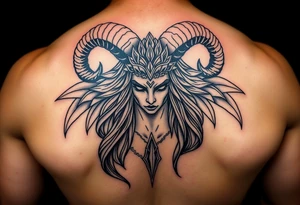 Powerful goddess being, with long ram like horns tattoo idea