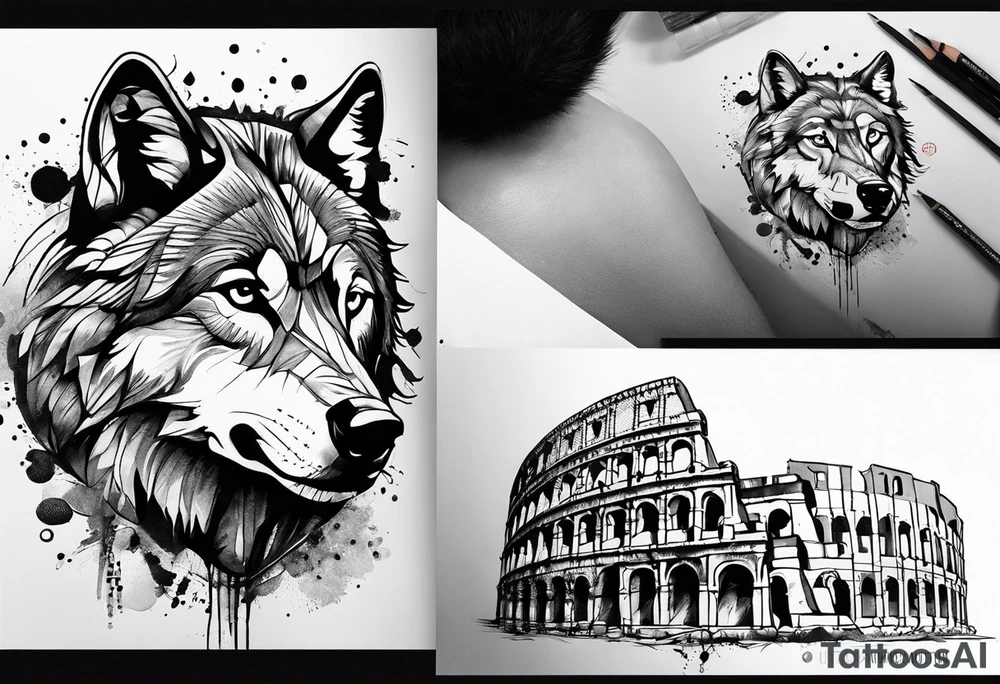 Abstract trash polka style tattoo with a wolf and the Roman Colosseum. tattoo idea