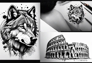 Abstract trash polka style tattoo with a wolf and the Roman Colosseum. tattoo idea