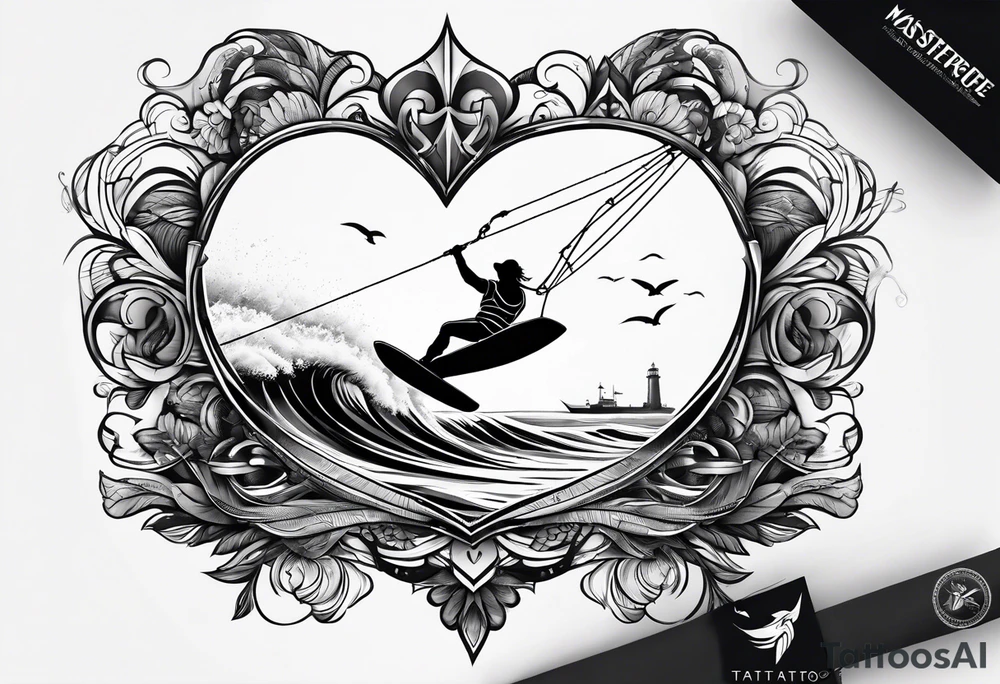 I want a fine tattoo with lots of detail depicting a kitesurfer with a heart-shaped sail inflated by the wind. tattoo idea