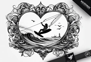 I want a fine tattoo with lots of detail depicting a kitesurfer with a heart-shaped sail inflated by the wind. tattoo idea